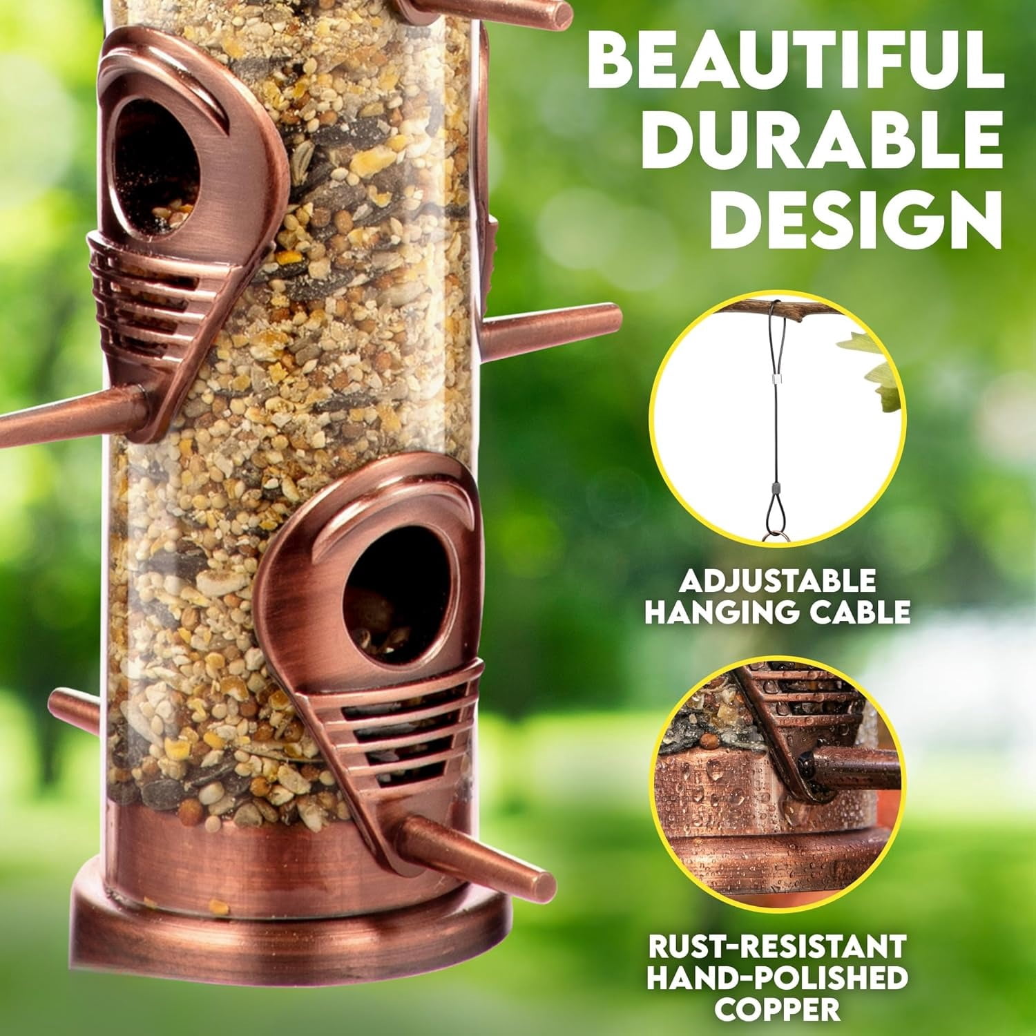 Bird Feeders for Outdoors (Green) Squirrel Proof Hanging Bird Feeder with Locking Lid & Adjustable Hanger, Chew-Proof, Weather Resistant 15 Inches 6 Port
