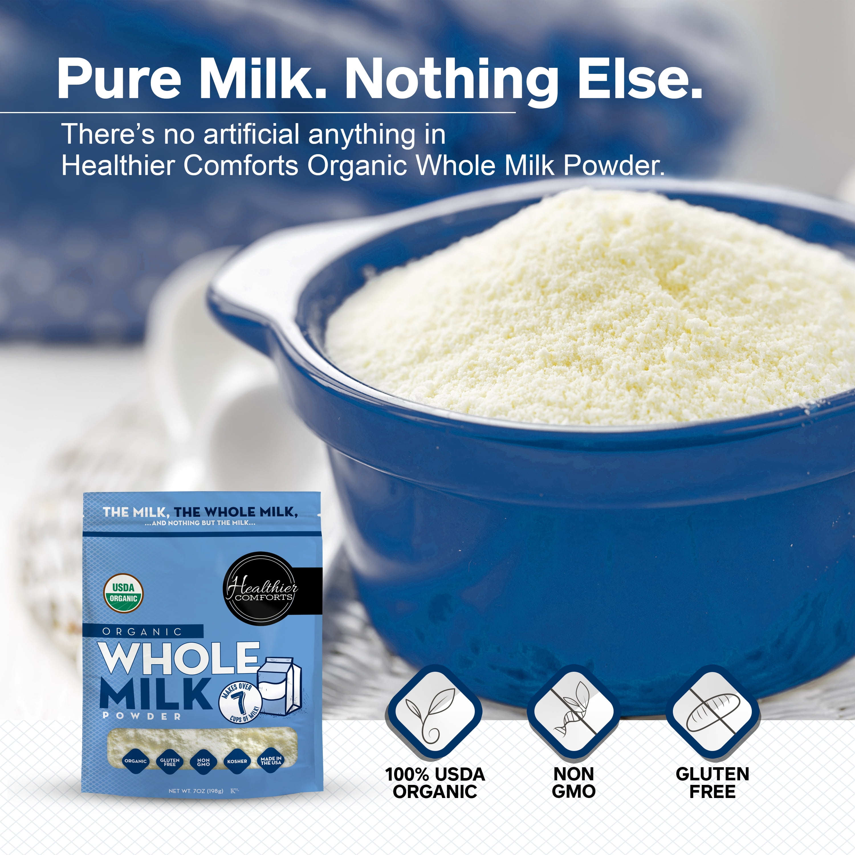 Healthier Comforts Organic Whole Milk Powder 7oz | Certified USDA Organic | Kosher, Gluten Free, Non-GMO Dry Powder Whole Milk | Dried Milk w/Resealable Packaging, Shelf Stable
