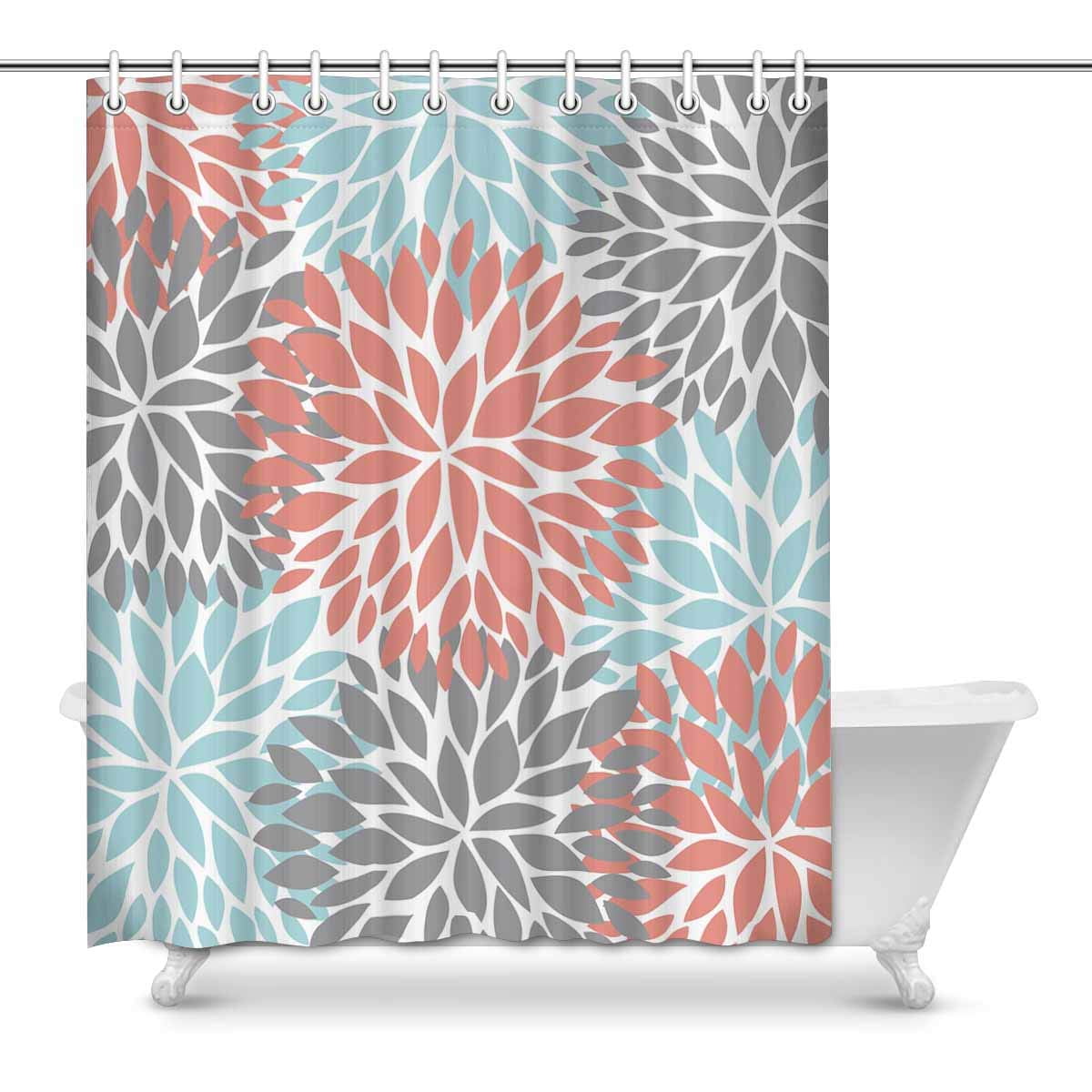 MKHERT Dahlia Pinnata Flower Coral Gray and Light Blue Waterproof Shower  Curtain Decor Fabric Bathroom Set 60x72 inch