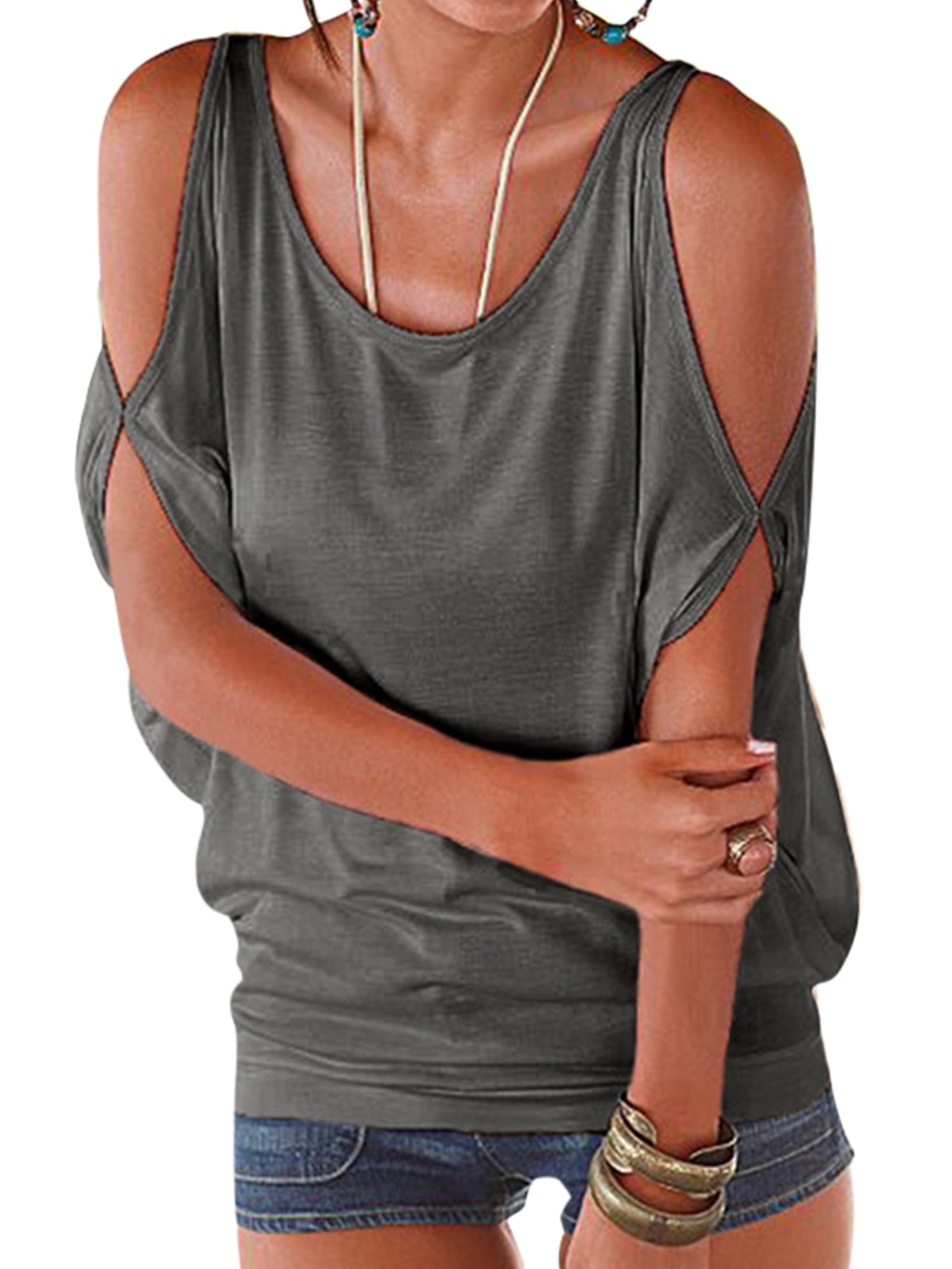 Woman Cut Out Shoulder Long Sleeve T-shirt Solid Color Back Short T-Shirt M-2XL