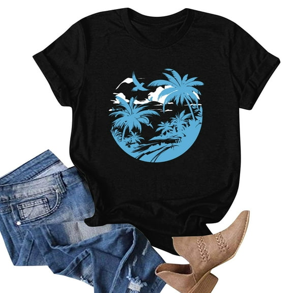NAMTYQX Summer Blouses for Women 2025 Airoft Stretch Short Sleeve Hawaii Tropischer Druck Baggy Crewneck Patterned Oversize Womens Graphic T Shirts Black Size 3XL