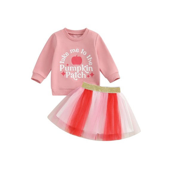 Toddler Kids Girl Holiday Outfit 12 24 Months 2T 3T 4T 5T 6T Letter Apple Print Long Sleeve Crew Neck Sweatshirt with Tulle A-Line Skirt Clothing Set