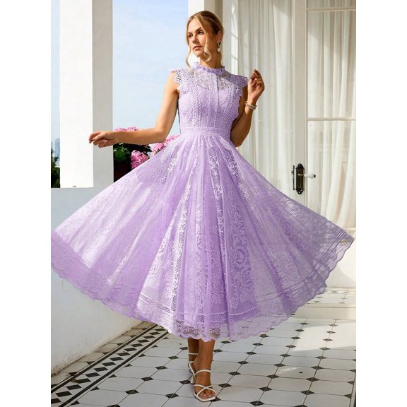 Purple Vintage Lace High-Neck A-Line Midi Dress With Cap Sleeves For Party Wedding Graduation