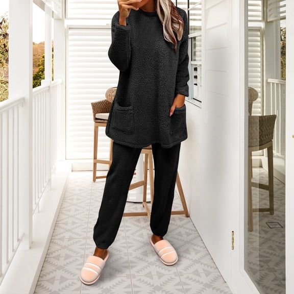 Pajamas for Women Set Fall & Winter Pullover Long Sleeve Set Soft Double Fleece with Embossed Design & Cozy Loungewear for Cold Nights