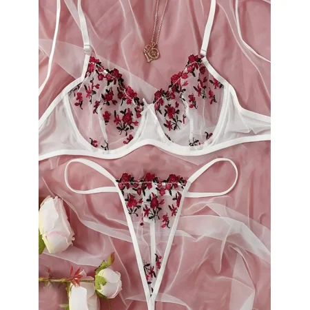 

Applique Matching Lingerie Set Valentines Gifts Floral Lace Push Up Bra & Semi-Sheer Thong Panties Women‘s Lingerie & Underwear