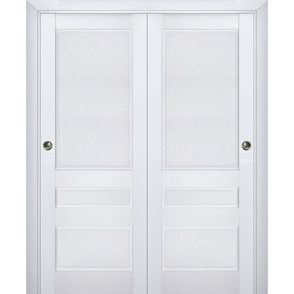 Sliding Closet Bypass Doors | Veregio 7411 White Silk | Sturdy Rails Moldings Trims Hardware Set | Wood Solid Bedroom Wardrobe Doors -36" x 84" (2* 18x84)