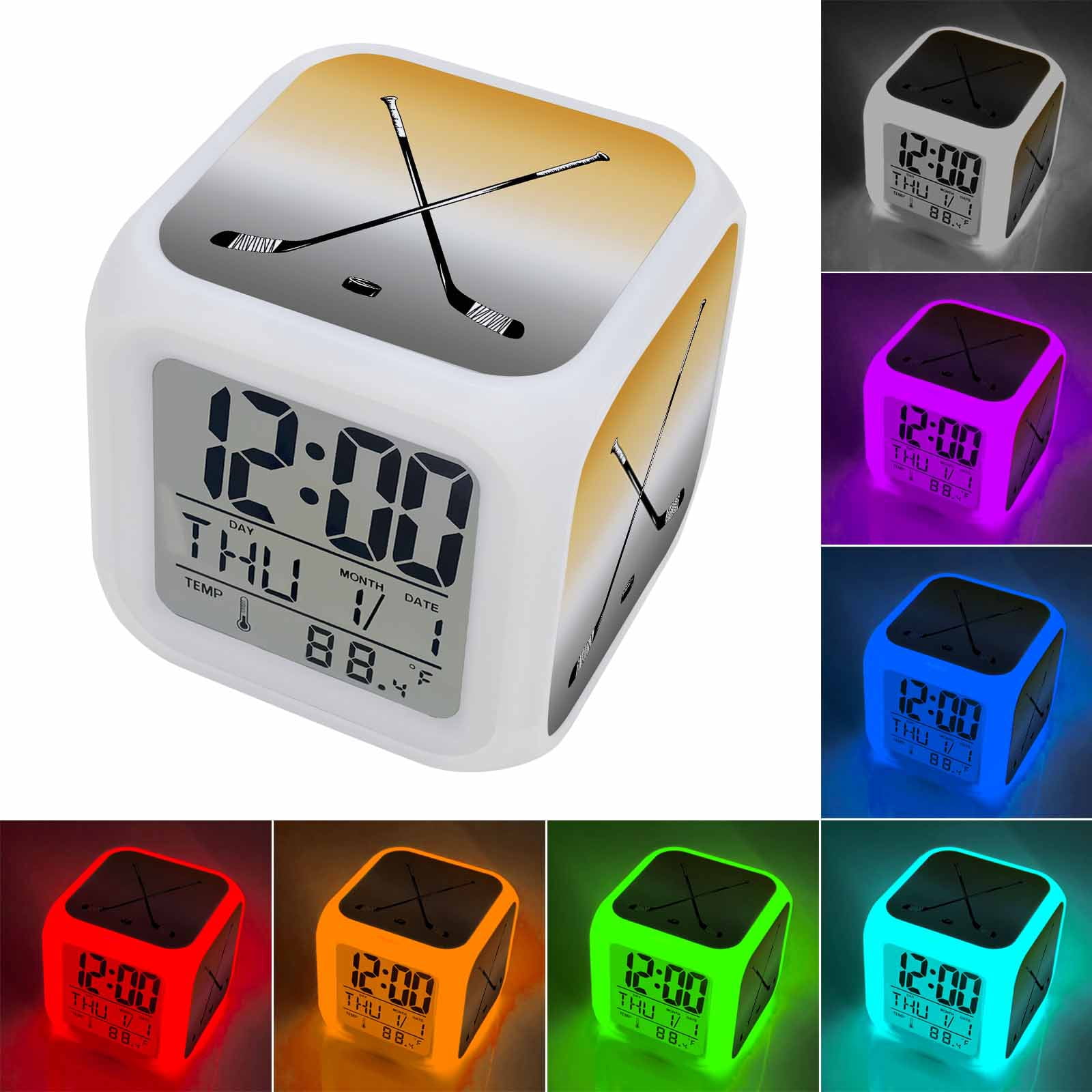 Alarm Clocks Hockey Player Digital Clock 7 Color LED Night Light Silent Non-Ticking Battery Operated Sports Ground Ombre Grey Yellow Cube Clocks for Bedroom Bedside Living Room Office School