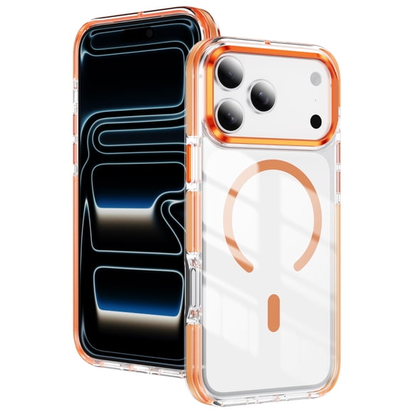 Allytechgroup Clear Magnetic Case for Apple iPhone 17 Pro, Compatible with Magsafe [Detachable Metal Keys] Anti-Scratch Shockproof Not-Yellowing Bumper Cover for iPhone 17 Pro, Orange