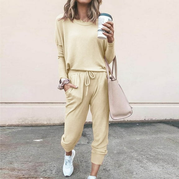 lcziwo Women's Solid Color 2 Piece Jogger Set Tracksuit Crewneck Long Sleeve Tops and Drawstring Long Sweatpants Outfits Lounge Sets 2025 Khaki M