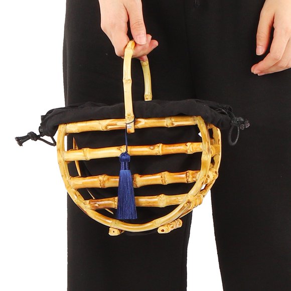 Ccdes Bamboo Bag,Hand‑made Bamboo Bag Women Handbag Hollow Tote Beach Bag with Tassel Decor for Travel,Hollow Tote