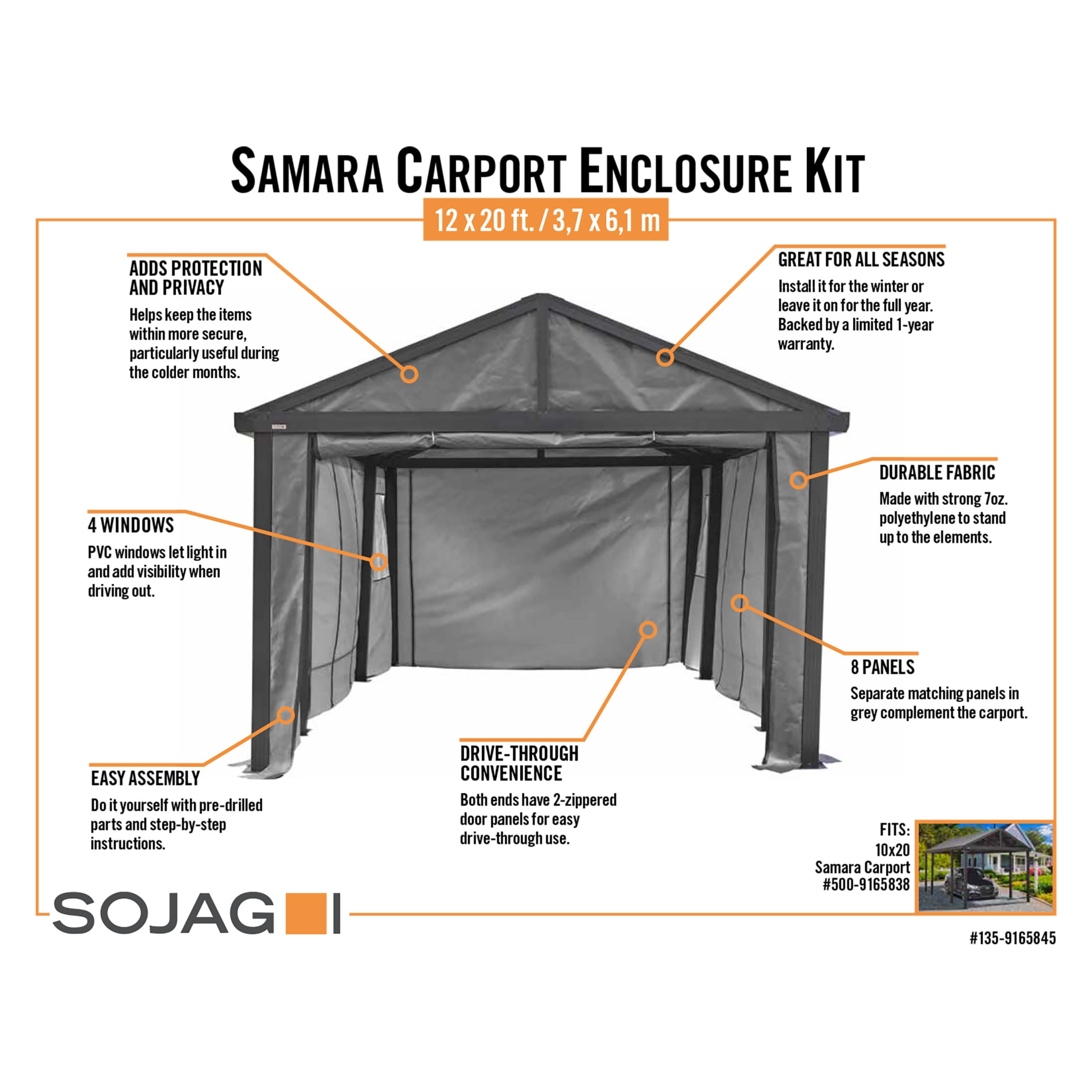 Sojag Samara 20 x 12 x 10 ft Charcoal Enclosure Kit For Carport