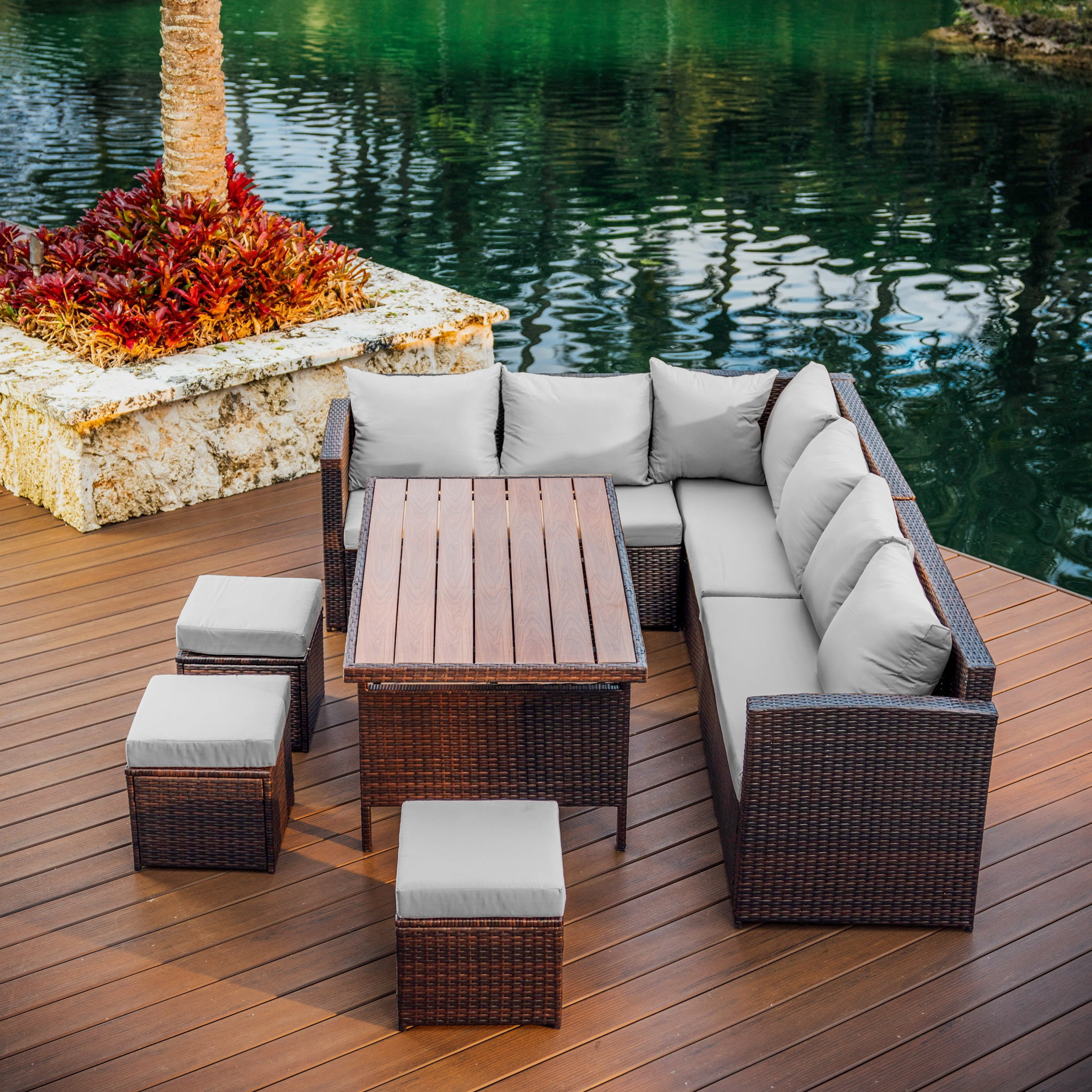 Hearth & Harbor 7 Piece Outdoor Furniture Set, Wicker Outdoor Sectional Dining Set with 10 Seats and Patio Table, Brown with Off-white Cushions