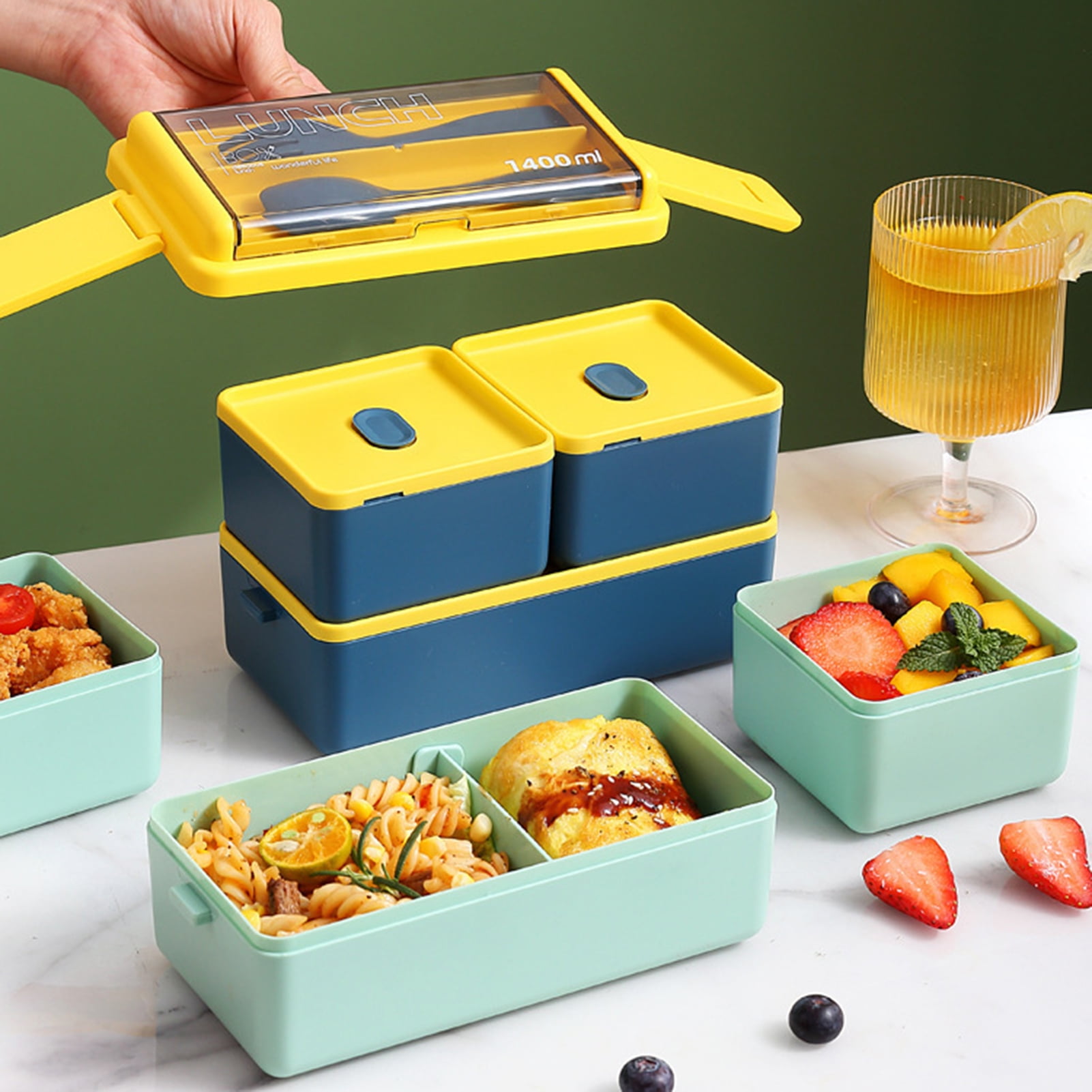 Yesbay 1 Set Lunch Box Microwave Safe Double Layer Compartment Leakproof  Children Cartoon Bento Box with Fork Spoon School Supply 