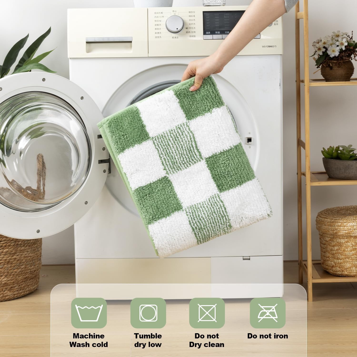 Bathroom Rugs, Yamaziot Checkered Green Bath Rugs Runner with Toilet Mat, Non Slip Water Absorbent Microfiber, 4 Count