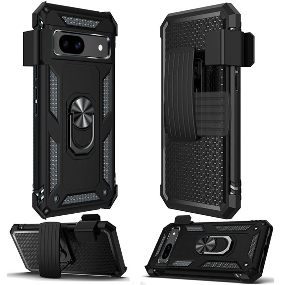 For Google Pixel 9A Case, Hybrid Combo Belt Clip Holster with Ring Stand Holder, Military Grade Fit Magnetic Car Mount Shockproof Phone Cover (Black)