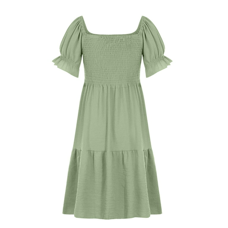 Dresses for Women Solid Color Off-the-Shoulder Short Sleeve Softy Holiday  Dress Square Neck Trendy Midi Backless Pleated Dress(Green,L) - Walmart.com