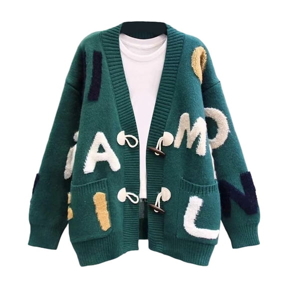 DHFJKG Womens Cardigan Sweaters Letter Jacquard Buckle Long Sleeve Deep V Neck Knitted Jacket Loose Fit Autumn Winter Cozy Outerwear