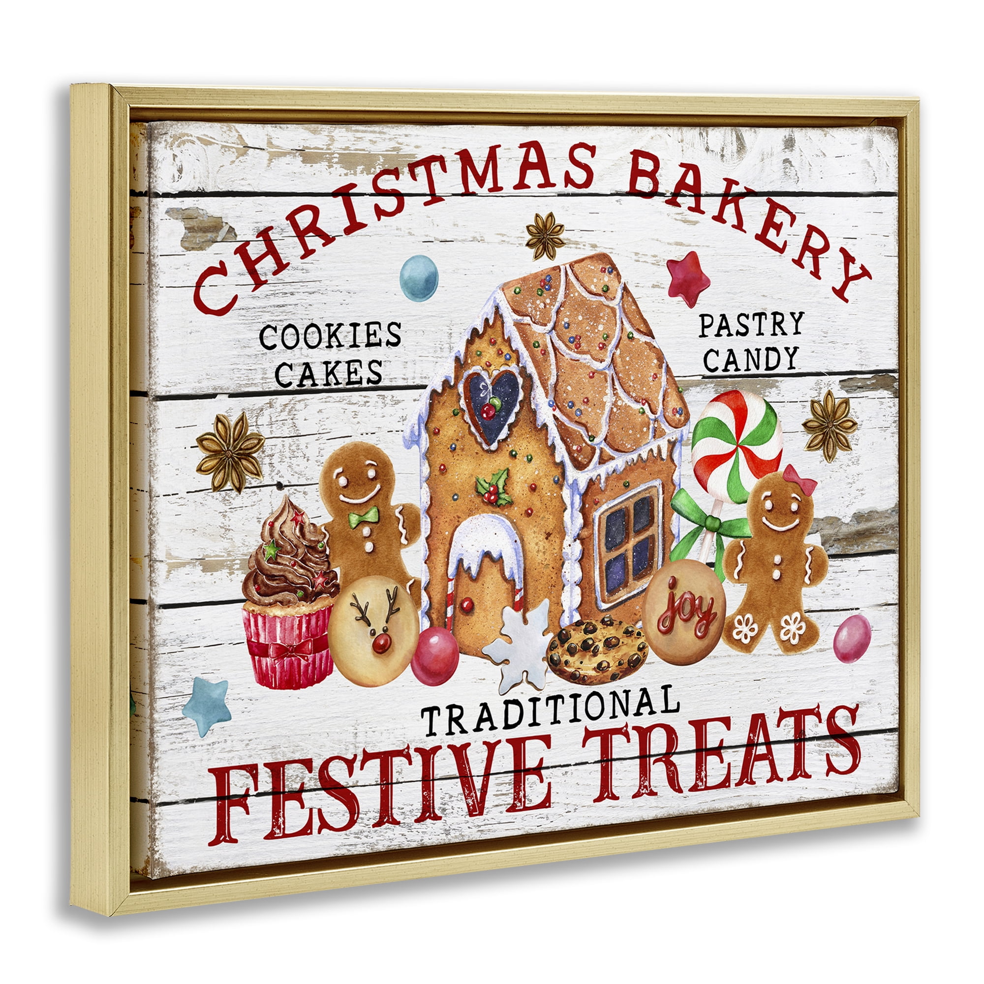 Stupell Industries Festive Treats Bakery Holiday Painting Gold Floater Framed Canvas Art Prints Wall Art, 31 x 25