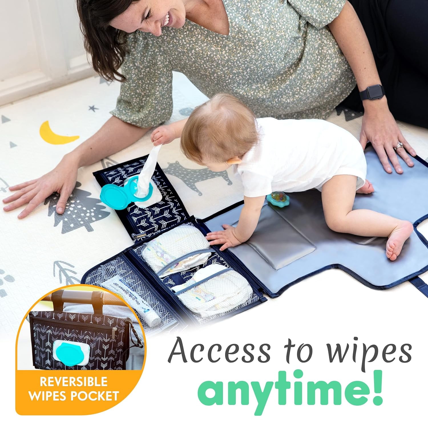 Kopi Baby Portable Diaper Changing Pad Travel Bag with Built-In Pillow, Reversible Wipes Pocket, Foldable Changing Mat, Black Arrow, Premium
