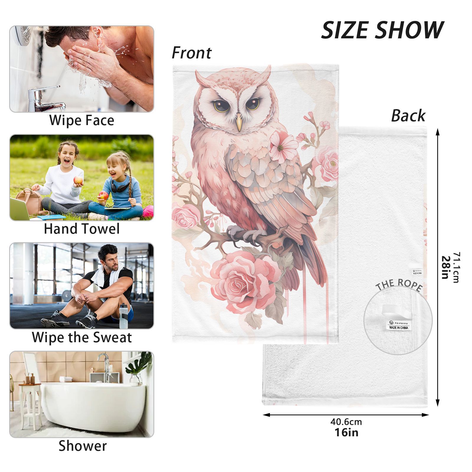 Owl Flowers Leaves Pink Hand Towel Bath Towels Face Towels Cotton Absorbent for Home Hotel Spa Swimming Yoga Sports Decorative Towel Set of 2