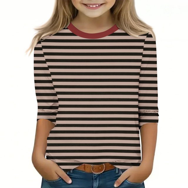 MKOSPLRT Striped Tops for Children Crew Neck Color Block T Shirts 3/4 Sleeve Casual Dressy Shirts Soft Holiday Blouses Comzy Spring Tees