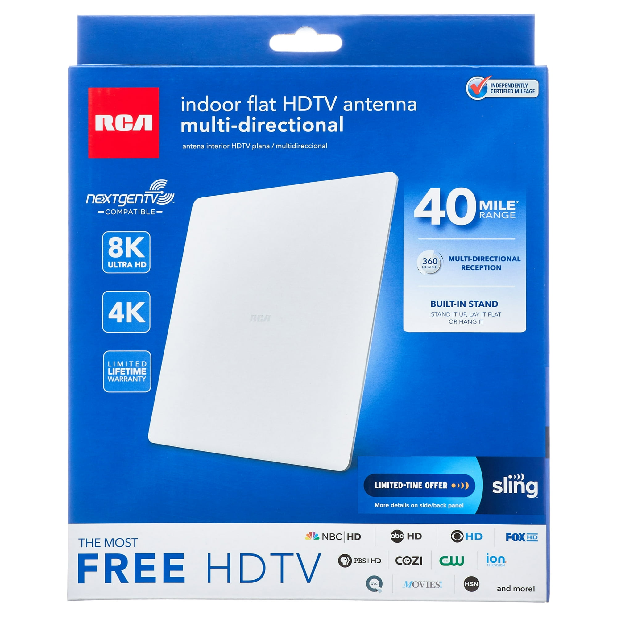 RCA Indoor HDTV Antenna for Smart TVs, 40 Mile Range, White