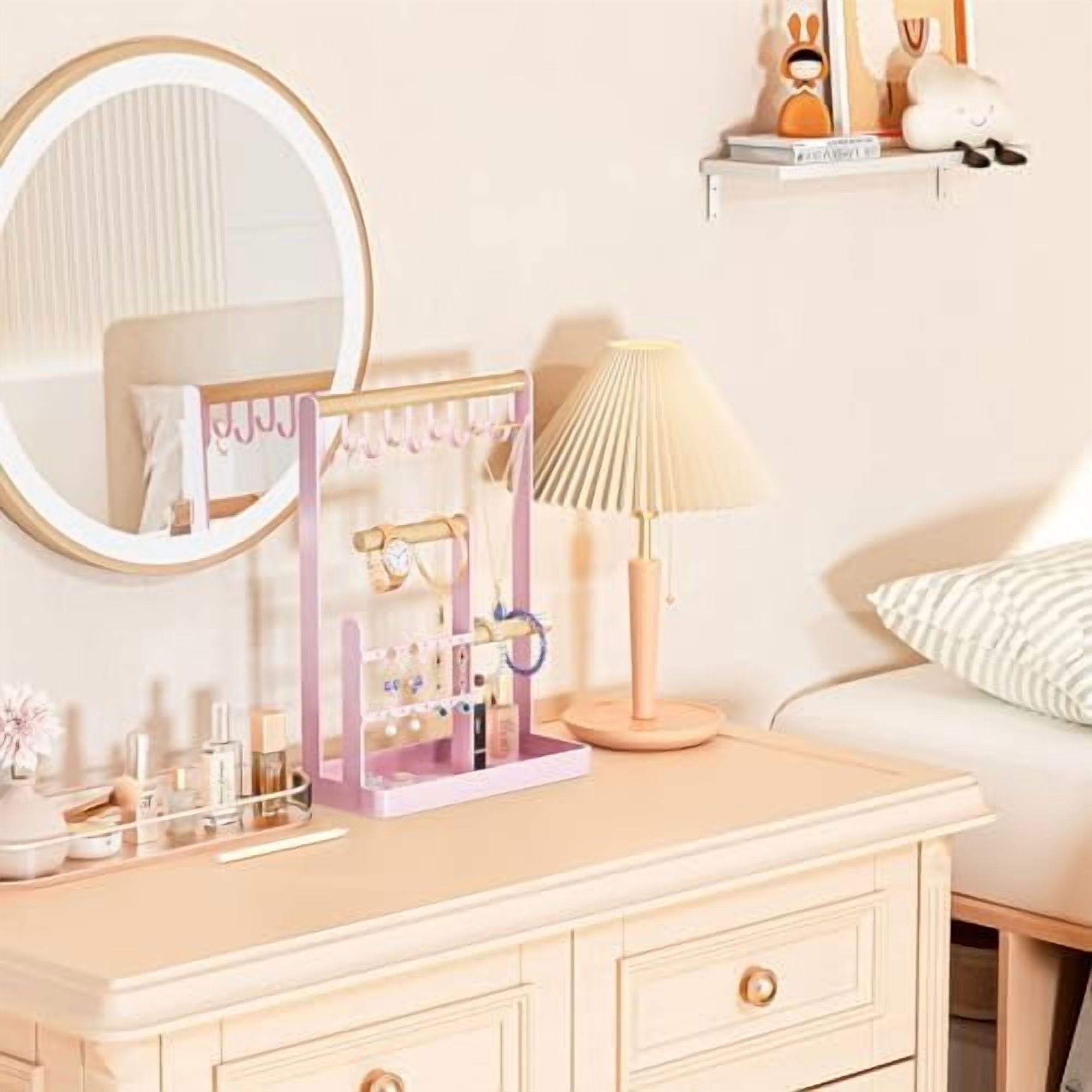 Jewelry Stand Holder Organizer, 4-Tier Necklace Holder with Ring Tray, 10 Hooks Necklaces Hanging Small Jewelry Display Storage Tower Tree for Bracelets Earrings Watches -Medium, Pink