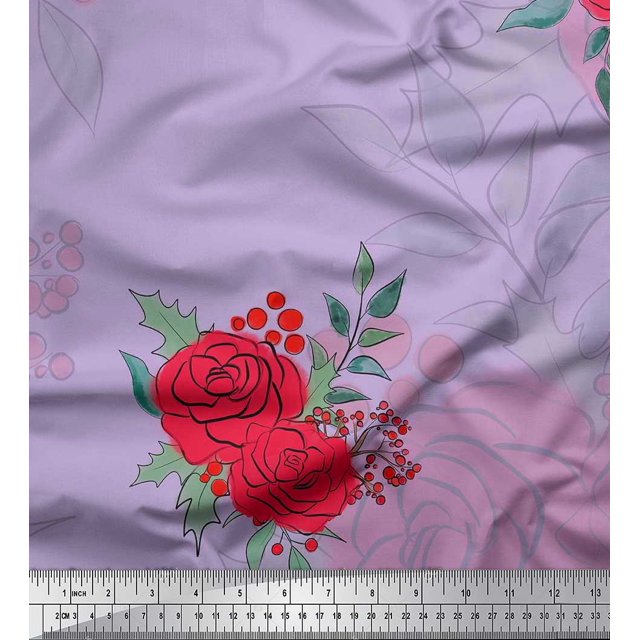 Soimoi Poly Georgette Fabric Holly Leaves & Rose Flower Decor Fabric Printed Yard 52 Inch Wide