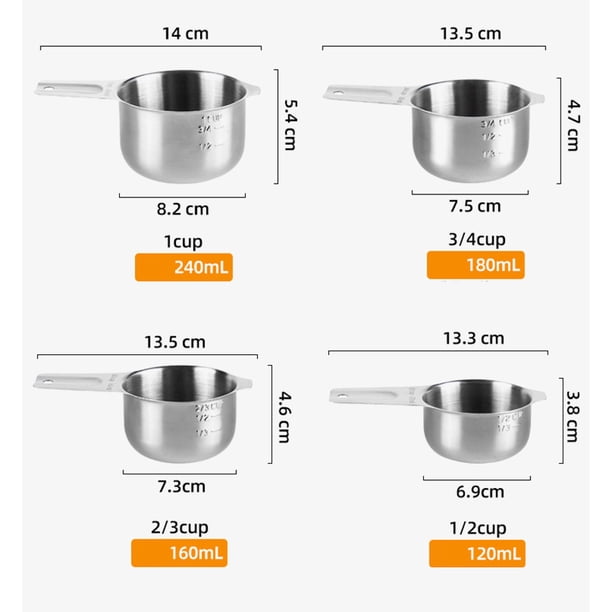Juego De Tazas Y Cucharas Medidoras, Con 5 Tazas Medidoras De Acero Inoxidable Y 5 Cucharas Medidoras Y Nivelador De Ingredientes De Medición Y 2 Anillos. (plateado