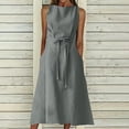 thumbnail image 4 of Fanxing Dresses Women Clearance Sale Cotton Linen Dresses for Women,2025 Summer Casual Short Sleeve Midi Dress,Trendy V Neck Plain Plus Size Beach Dress Gray,M, 4 of 5