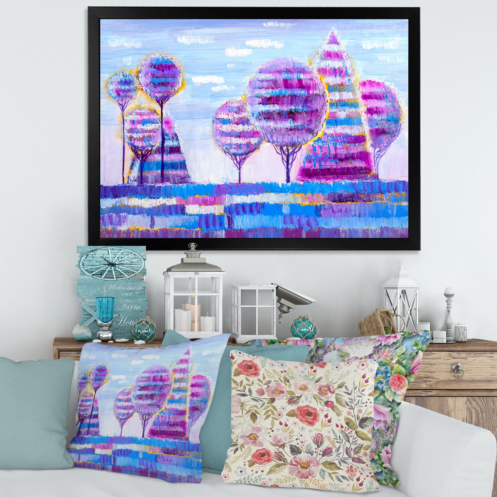 Designart 'Purple Coloured Tree Impression Landscape I' Modern Framed Art Print