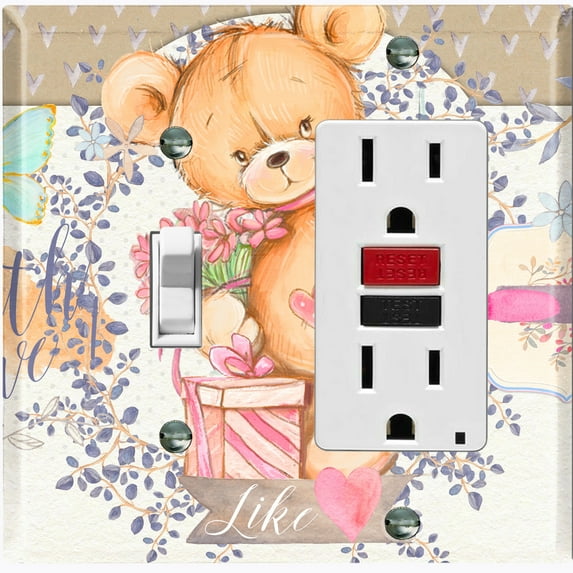 Metal Light Switch Wall Plate Outlet Cover (Teddy Bear Love Heart Flower Bouquet Present Butterfly Wreath - Single Toggle Single Rocker)