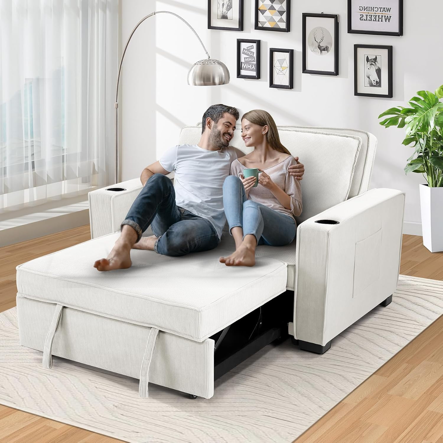 Tapoja 3-in-1 Convertible Sleeper Sofa Bed, Linen Fabric Pull Out Couch Bed, Loveseat with Spring Support, Adjustable Backrest Perfect for Dorms, Apartments, and Home Offices Dark Grey