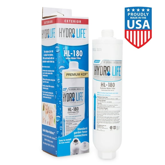Camco Hydro Life HL-180 RV Disposable Inline Water Hose Filter | Finer Mesh Granular Activated Carbon, White (52133)