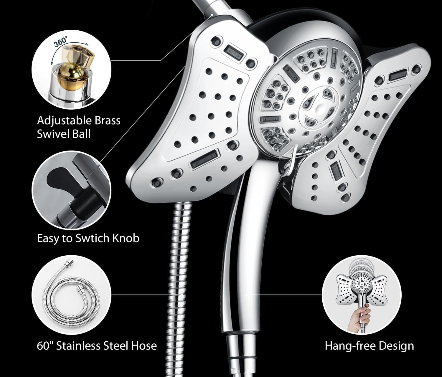 KESTE High Pressure Shower Head, 2 in 1 Rainfall Shower Heads with 9 Mode Adjustable Handheld Showerhead, Dual Showerhead with Anti-Clog Nozzles and 60” Hose, Silver