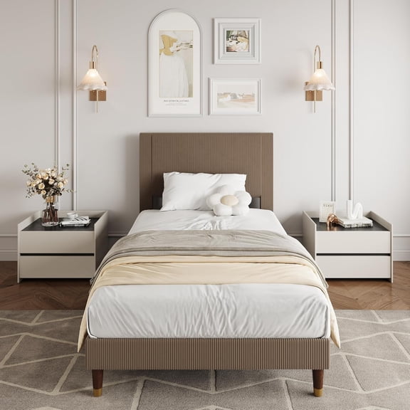 Twin Size Bed Frame with Upholstered Headboard and Strong Wooden Slats Support, Soft Corduroy Fabric Platform Bed, No Boxing Spring Needed, Easy Assembly, Brown