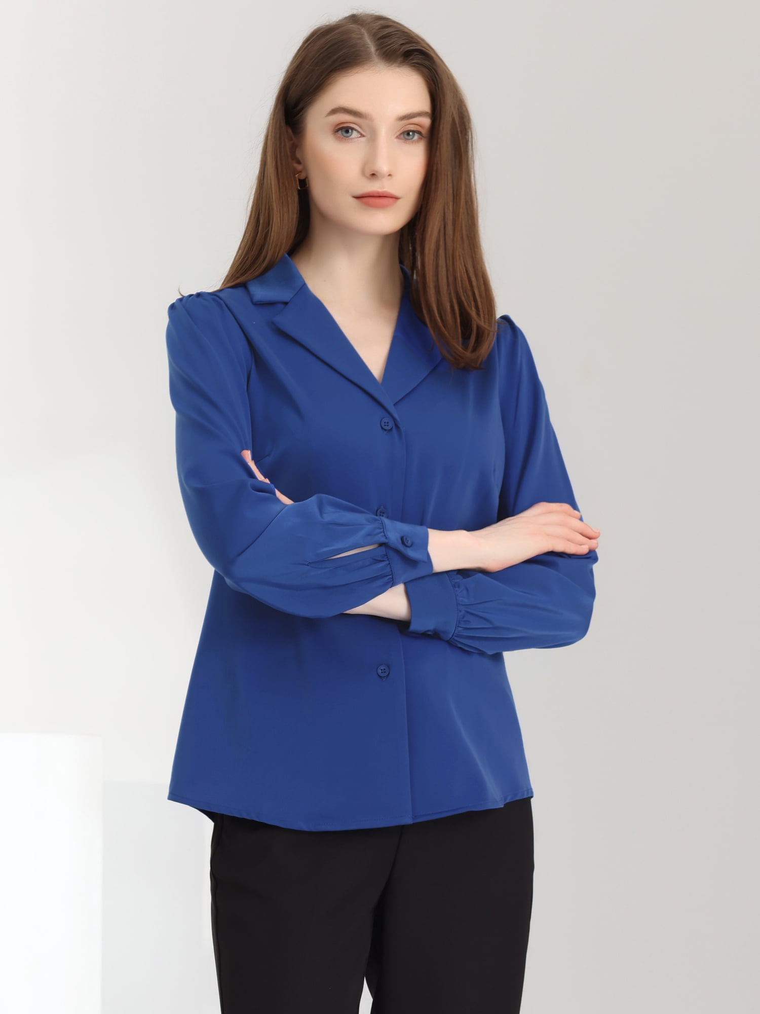 DARING DIVA Women's Flat Collar Button Down Office Satin Shirt S Royal Blue