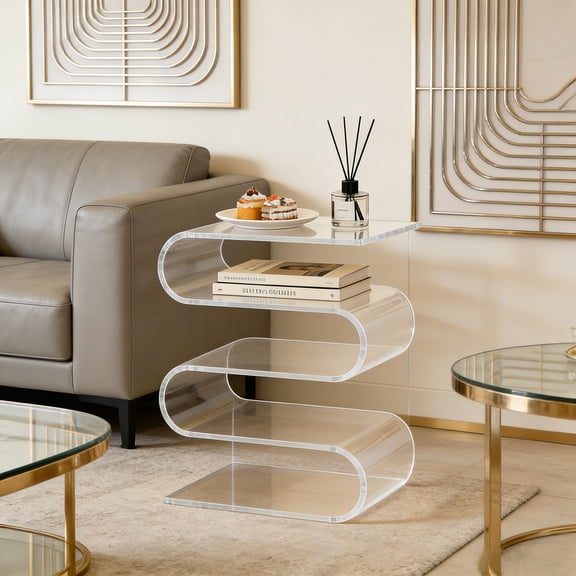S Shape Side Table, 42.5*30*36cm Creative Nightstand for Bedroom, Living Room, Hotel Decoration Clear