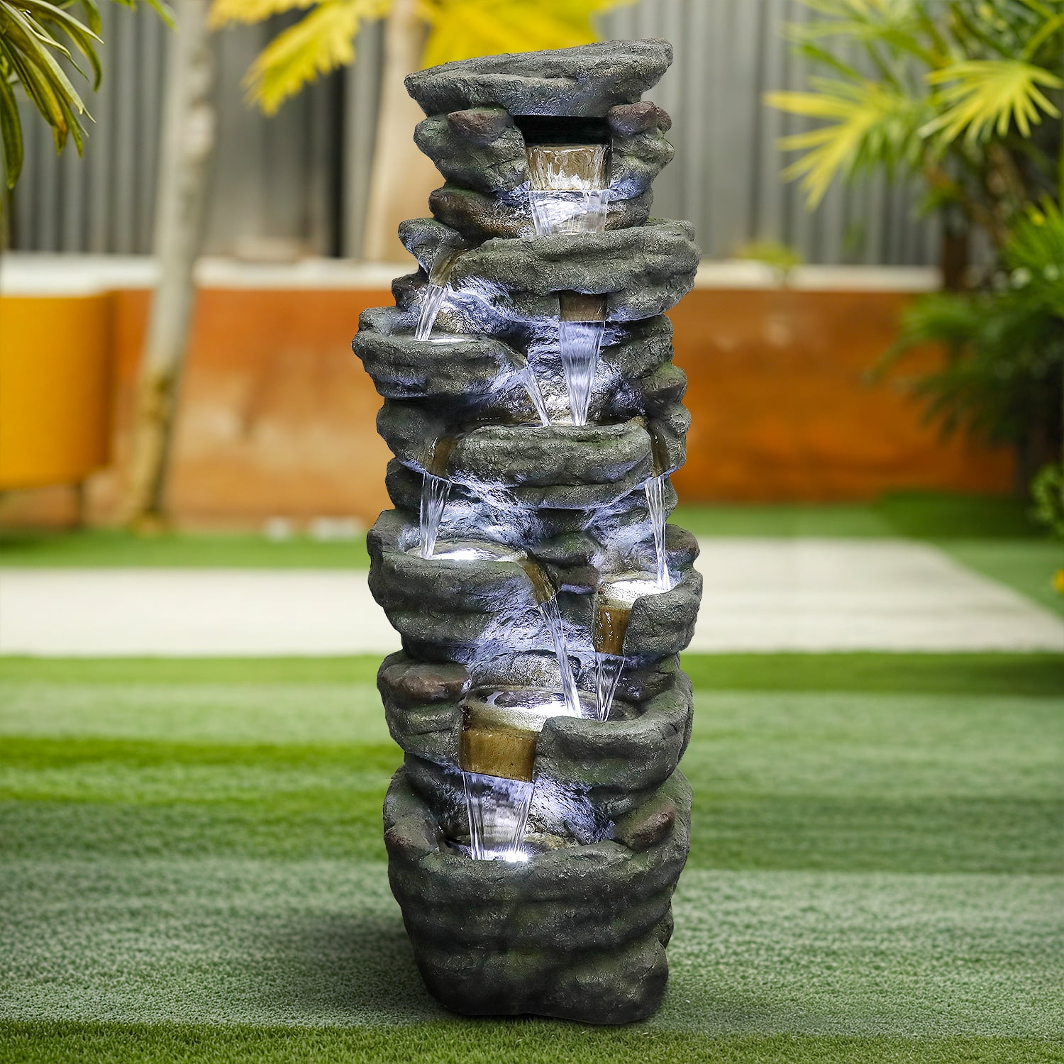 51" H Outdoor Water Fountain - 7-Tiers Rock Waterfall Fountain with LED Lights for Home Garden Decor
