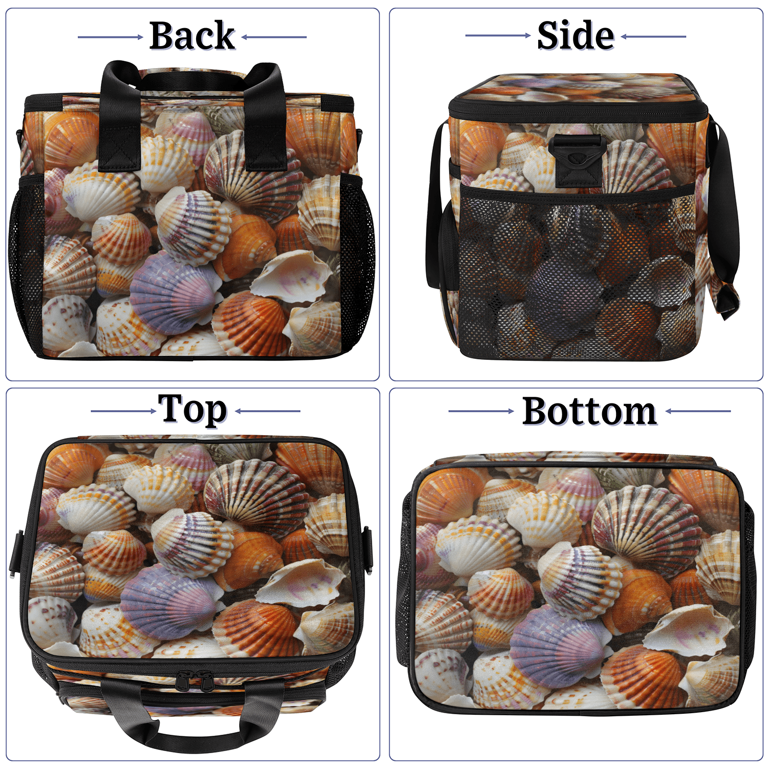 Herdesigns Seashells Beach Themed Large Lunch Box for Adults Women Men with Adjustable Shoulder Strap, Insulated Reusable Lunch Bag Leakproof Cooler Tote Bag