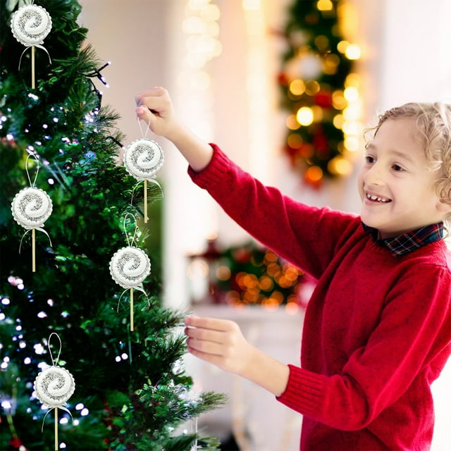 Adornos para árbol de Navidad | Colgantes de piruleta | Decoraciones navideñas de espuma con rayas de lentejuelas y lazo | Juego de 1 | Decoración festiva para el hogar
