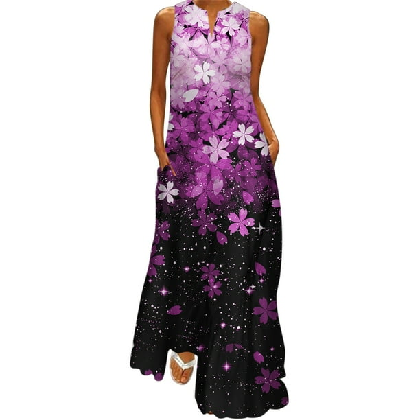 Gibobby Vestido de Verano para Mujer Mujer Verano Casual Sin mangas Estampado con cuello en V Maxi Vestido suelto Boho Beach Vestido largo con bolsillos(Rosa caliente,M)