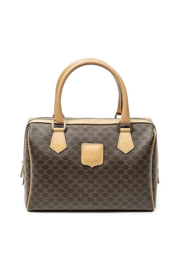 Pre-Owned Celine Brown Small Boston Handbag Macadam Coated Canvas