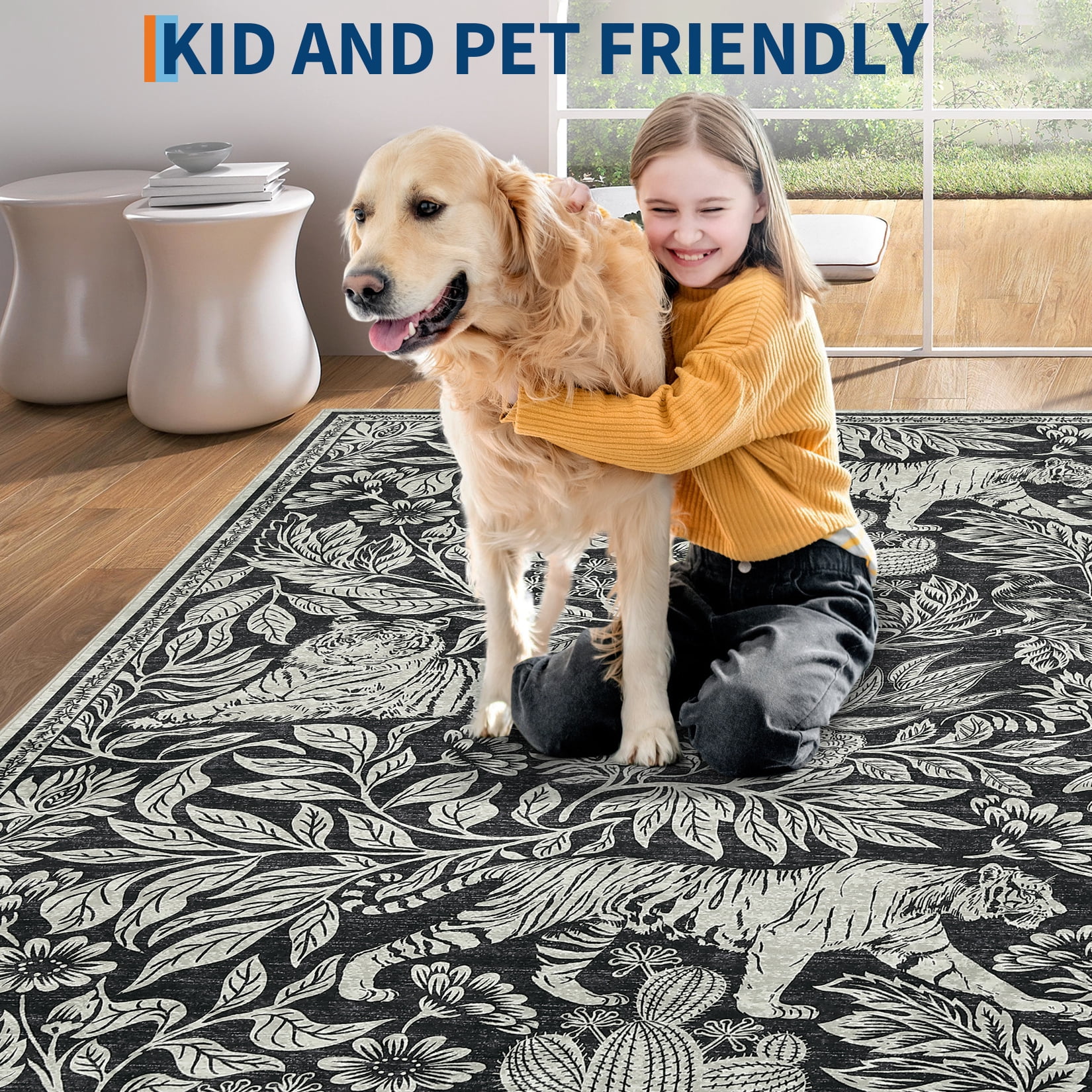 GlowSol 9'x12' Washable Area Rug Forest Tiger Print Area Rugs Vintage Rug Non-Shedding Stain-Resistant Rugs for Living Room Bedroom, Black