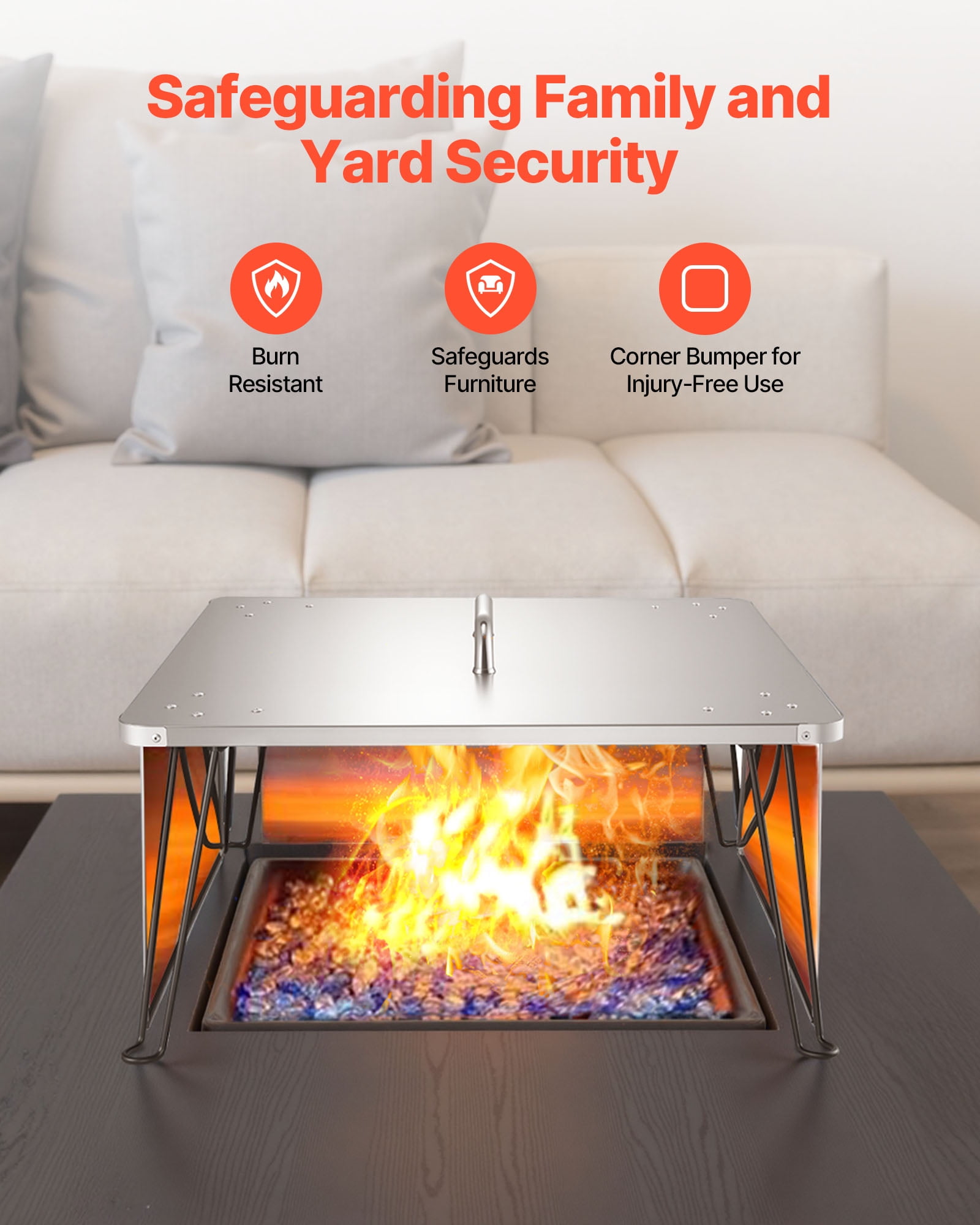 VEVOR Fire Pit Heat Deflector, 25.4x25.4x14.6 inch Square Outdoor Burner Cover, Stainless Steel Bonfire Camping Wood Burning, Push Heat Down and Out with 4 Foldable Legs & Carrying Handle