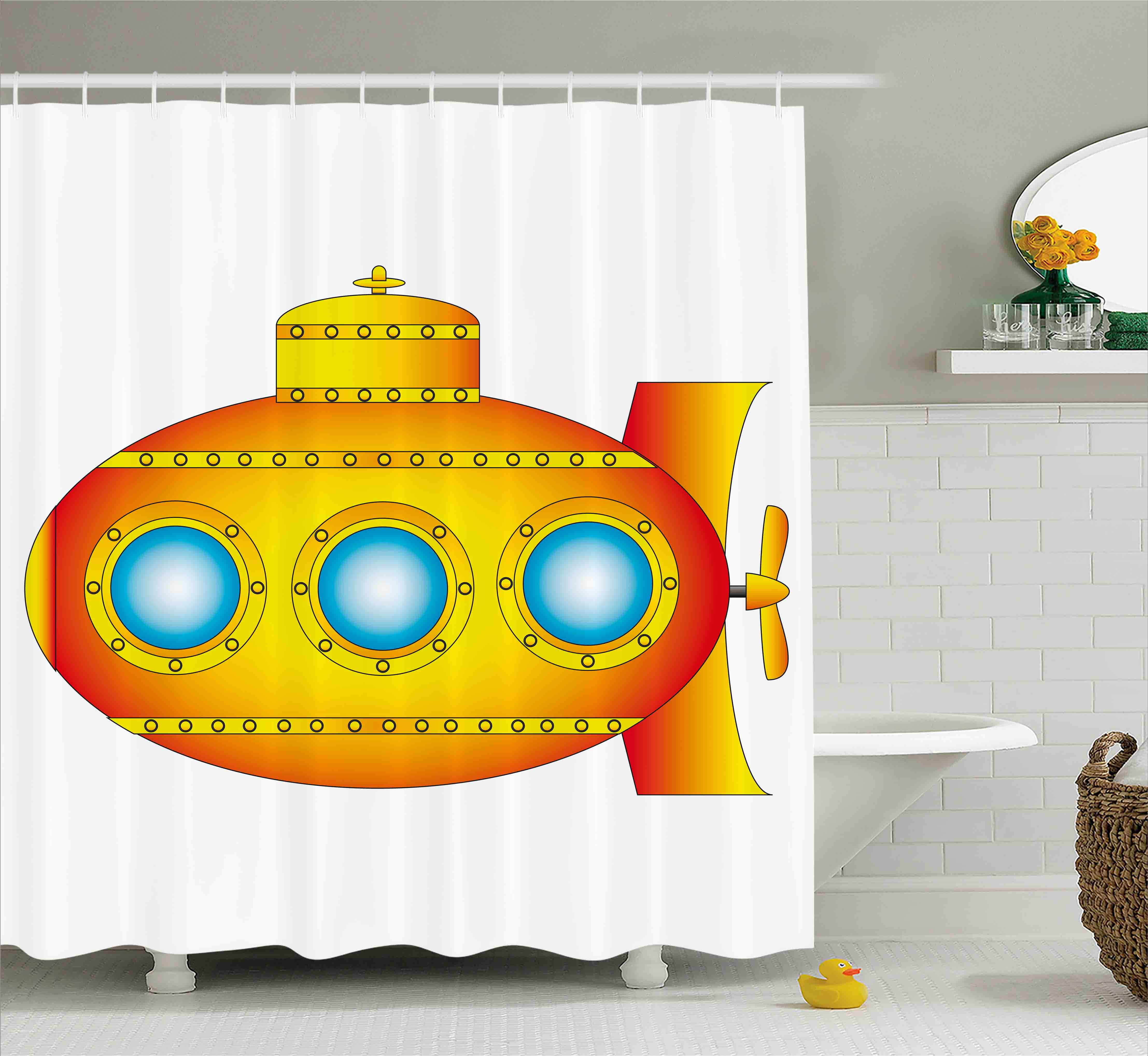 Yellow Submarine Decor Shower Curtain, Sea Theme a Submarine on White