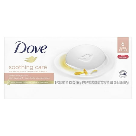 Dove Soothing Care Moisturizing Beauty Bar For Sensitive Skin with Calendula Oil Effectively Washes Away Bacteria, Hydrating and Replenishing Skin Care 3.75 oz 6 Bars