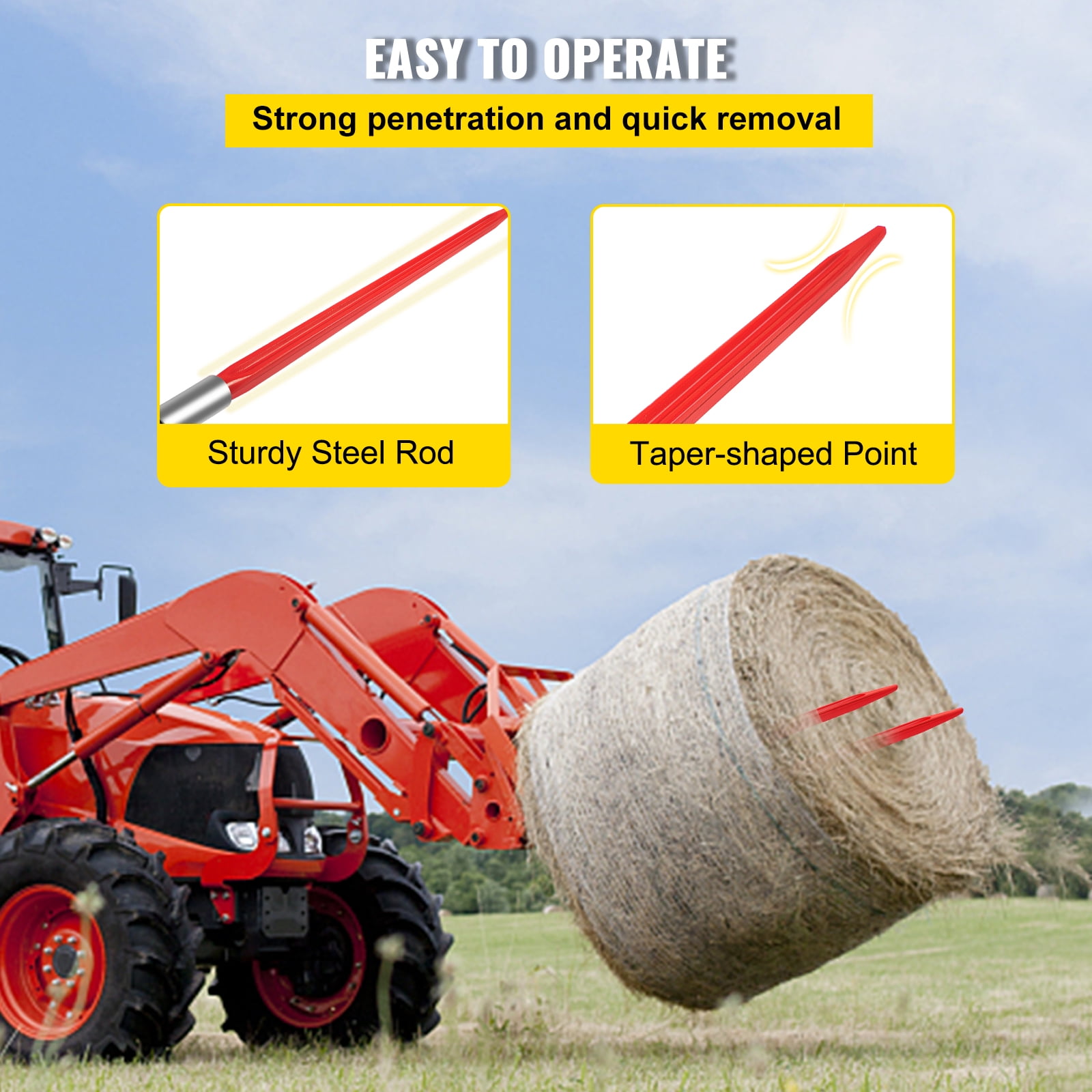 KFFKFF Hay Spear 32" Bale Spear 1350 lbs Capacity, Bale Spike Quick Attach Square Hay Spear Conus 1 3/8" Wide Coated Bale Forks with Hex Nut & Sleeve for Bobcat Tractors (Red)