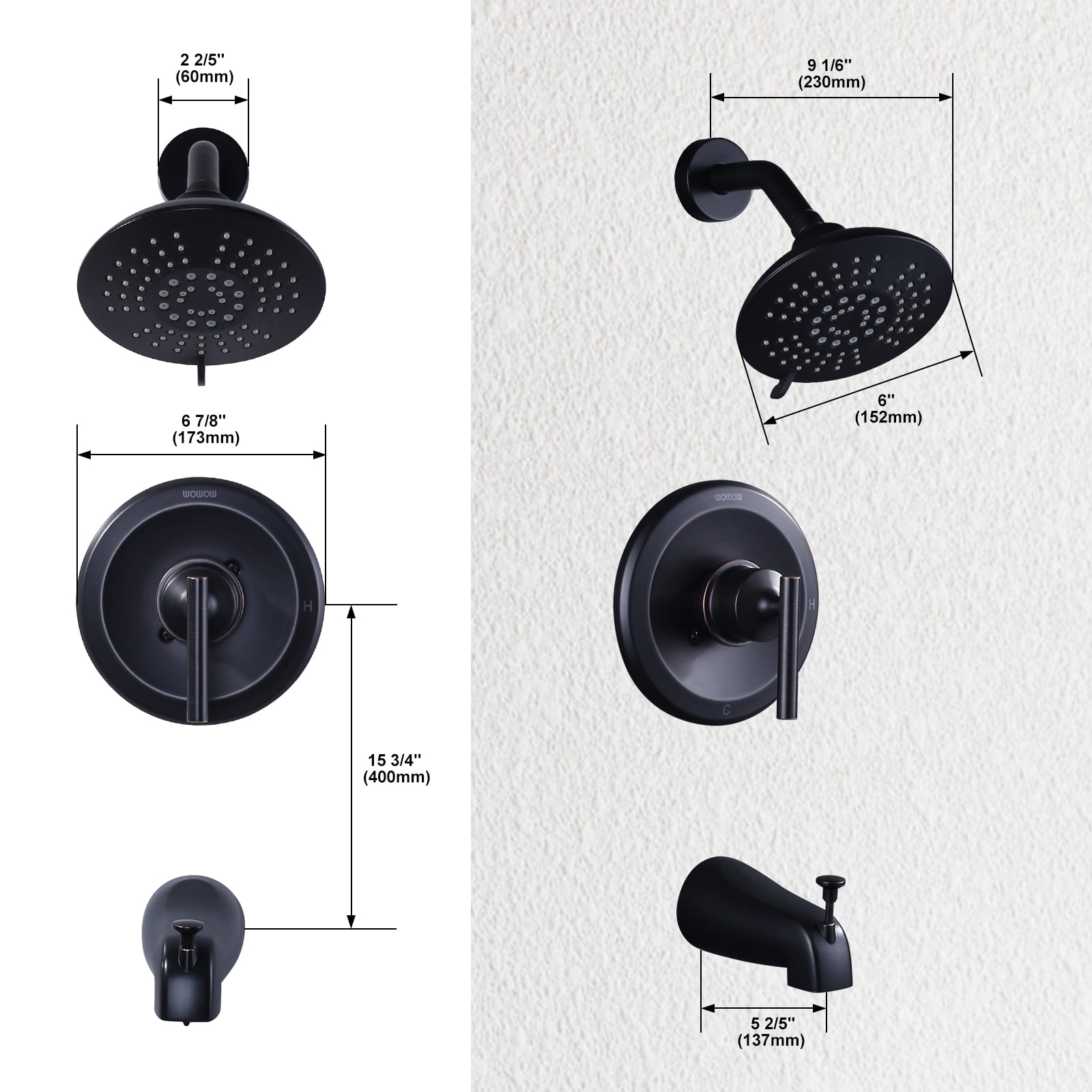 Wowow Tub Shower Faucet Set (Valve Included) with 6-Inch Rain Shower Head and Tub Spout, Oil Rubbed Bronze