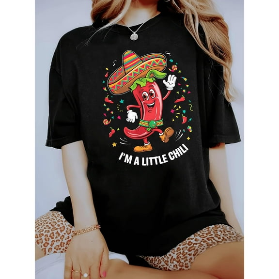 Women's Black Graphic Tee with "I'm a Little Chili" Pepper Print, S-5XL Plus Size T-Shirt, Casual Funny Style Top for Food & Humor Enthusiasts
